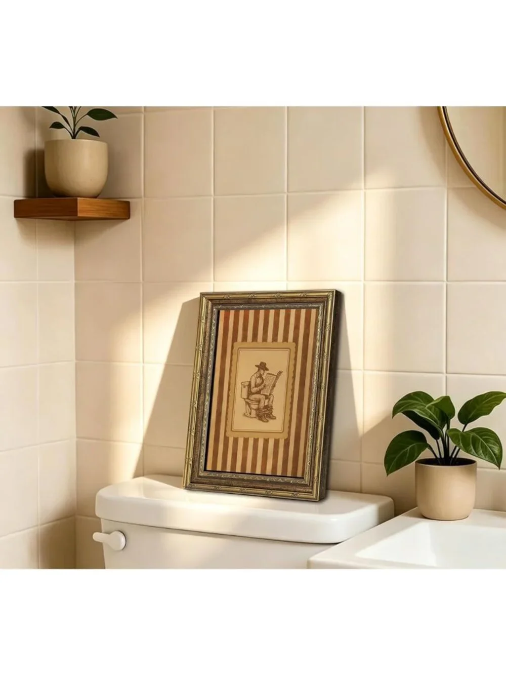 Funny Western Cowboy Bathroom Wall Art - Gold Framed Vintage Print Decor